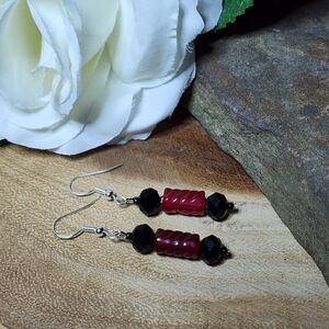 Hand Crafted Dangle Drop Earrings With Red and Black Faceted Beads